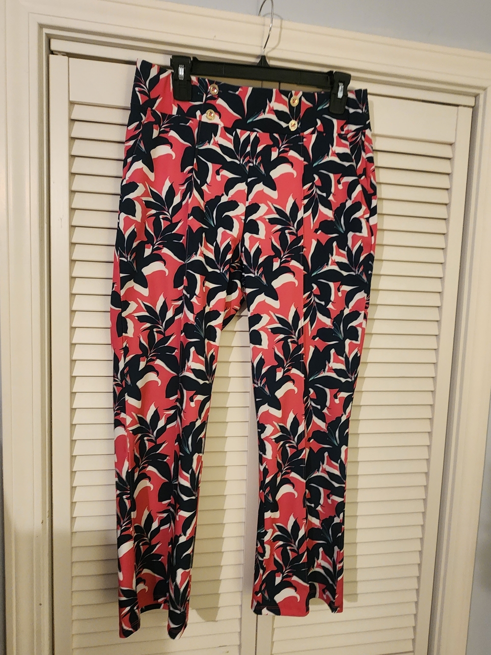 Coral Floral Straight-Leg Pants with Navy and White Print